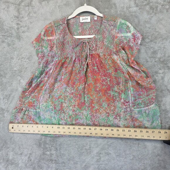 Joie Shirt Womens Large Multicolor Silk Floral Sheer Boho Peasant Top Blouse - Picture 7 of 9
